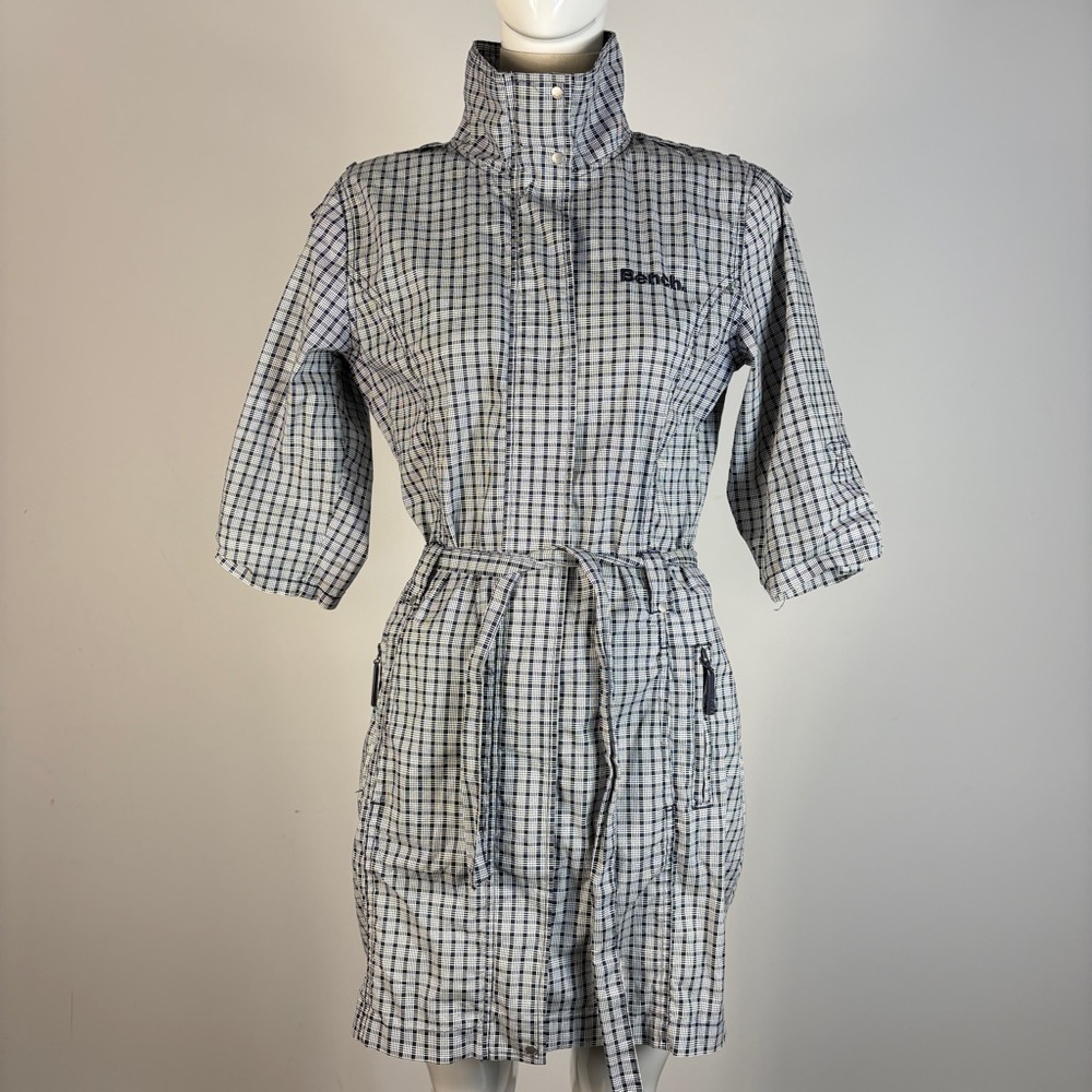 Y2K Gingham Raincoat - Cyber Grunge Plaid Utility Jacket - Belted Bench L